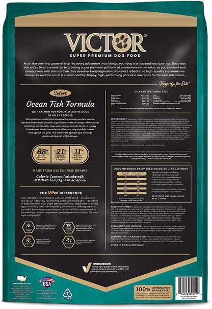 VICTOR Super Premium Dog Food – Select Ocean Fish Formula with Salmon – Omega-3 and Omega-6 Enriched Gluten-Free Dry Kibble for All Normally Active Dogs of All Life Stages, 15lbs