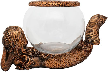 Mystical Mermaid Decorative Fish Bowl – 1 Gallon Glass Aquarium, Terrarium, or Candle Holder | Gold Antiqued Mermaid Figurine with Bowl, Accent Ring & River Rocks – Tabletop Home Décor Gift