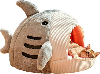 QWINEE Cat Mat Shark-Shaped Kennel Kitten Bed Hideout House Warm Soft Comfortable Semi-Closed Cat Dog Nest Grey Medium