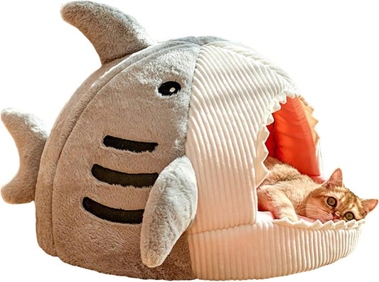 QWINEE Cat Mat Shark-Shaped Kennel Kitten Bed Hideout House Warm Soft Comfortable Semi-Closed Cat Dog Nest Grey Medium