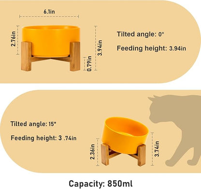 SPUNKYJUNKY 15° Slanted Ceramic Dog and Cat Bowl with Wooden Stand, Tilted Bulldog Food and Water Bowl No Slip Non-Spill for Cats Medium Dogs Big Face Pets 28.7 OZ (3.6 Cups, Yellow)