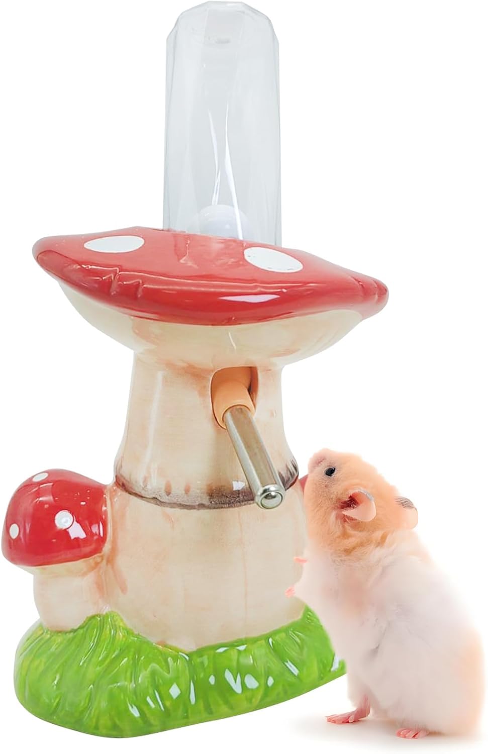 PINVNBY Mushroom Ceramic Hamster Water Bottle 80ML Automatic Gerbil Water Bottle Non Drip with Stand Vertical Hamster Water Dispenser for Guinea Pigs Gerbils Rats Rabbits and Mice (Red)
