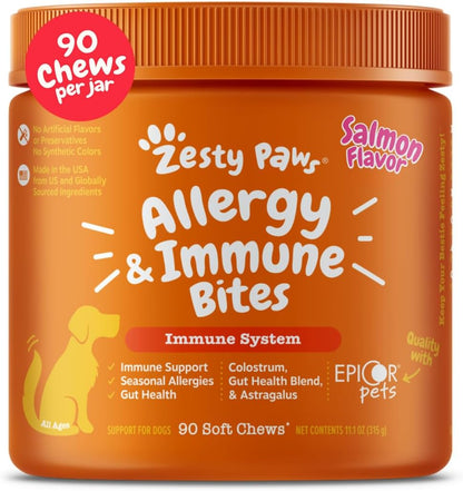 Zesty Paws Dog Allergy Relief Chews, Dog Probiotics for Itchy Skin and Ears, Salmon, 90ct