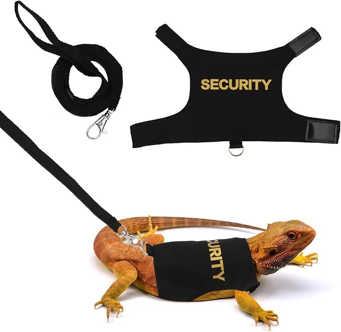 Hypeety Bearded Dragon Harness and Leash Set Adjustable Escape Proof Leash Outdoor Walking Training Leash and Harness for Bearded Dragon Lizard Reptiles Small Pets Black (Security)