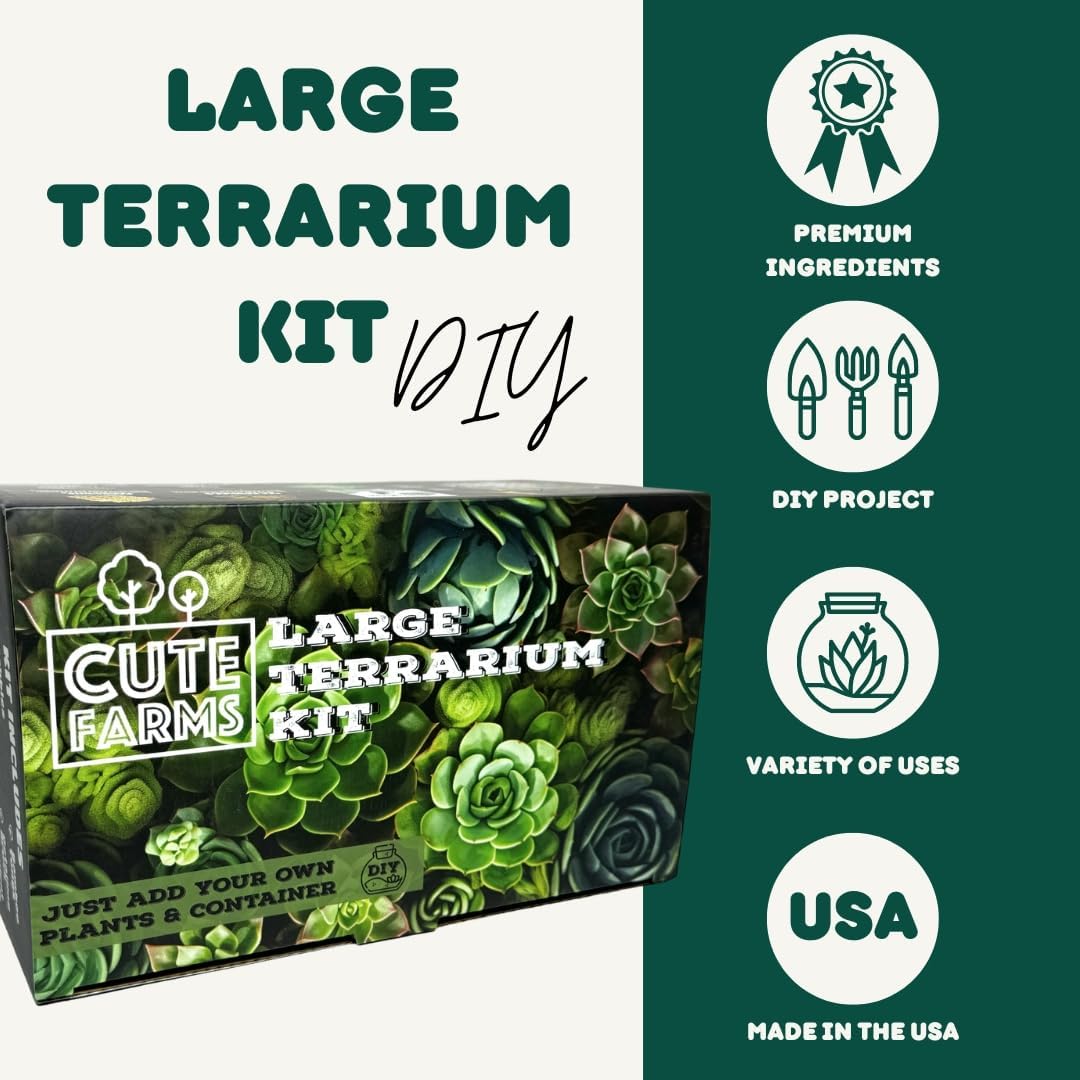 Cute Farms Terrarium Starter Kit | Moss, Vermiculite, Soil, Pebbles, Plant Food, Finishing Tools, Build and Care Guide | DIY Succulent Terrarium for Adults and Kids (Large)
