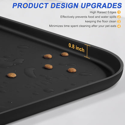 Silicone Pet Feeding Mat with Raised Edge for Food and Water, Dog Bowl Mats, Cat Bowls Placemat with High Lip for Floor Waterproof, Rubber Tray for Cats and Dogs 22 x 14 x0.8 Black