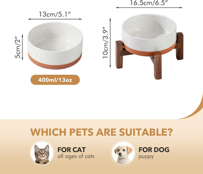 Ceramic 5.1inch Raised Dog and Cat Bowl Set, 2 Heights Elevated Wooden Stand for Puppy, Kitty, Cats, Weighted Pet Food and Water Dishes(5.1'',13.5oz, Vanilla White)