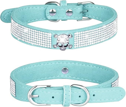 Rhinestone Dog Collar, Cute Dazzling Sparkling Soft Suede Leather Adjustable Pet Dog Cat Collar Crystal Diamond for Puppy Small Medium Large Dogs (L:38-46cm, Light Blue-5)