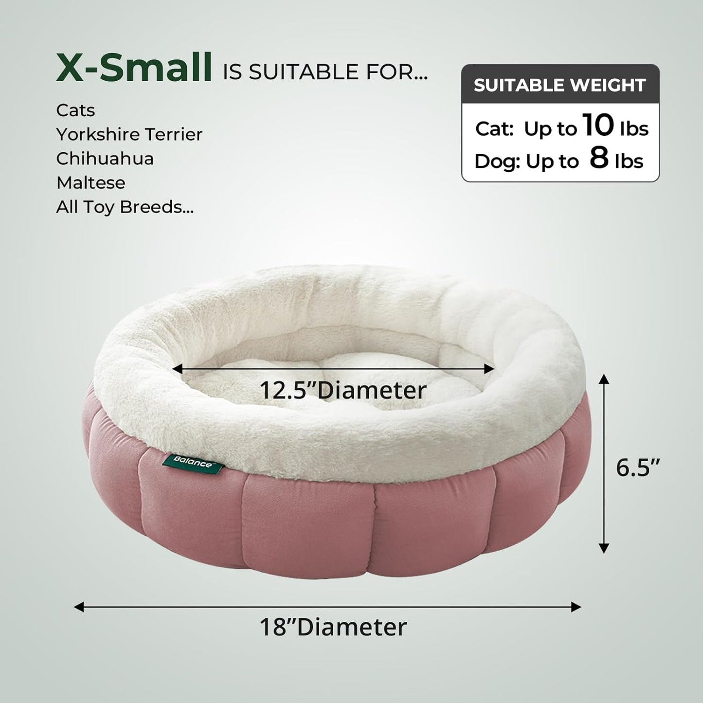 BALANCE Cat Beds for Indoor Cats, Washable Round Cat Bed, Cute Kitten Bed with Anti-Slip Bottom for Kitty and Puppy, 18 Inches, Mellow Rose
