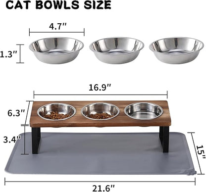 Upgraded Elevated Cat Bowls with Food Mat,15°Tilted Stand Anti Vomiting Raised Cat Dishes for Food and Water,3 Stainless Steel Bowls for Cats and Puppy（Rustic Brown）