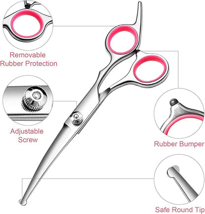 Dog Grooming Scissors with Safety Round Tips Stainless Steel Professional Dog Grooming Kit - Thinning, Curved Scissors and Comb for Cat Pet (Pink 4 in 1)