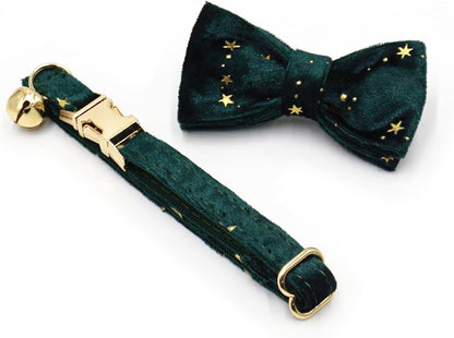 Personalized Cat Collar with Bells,Velvet Customized Small Cat Collar with Name Tag,Pet Collar with Name Phone Number Engraved ID Tags for Boy and Girl Kitten Cats (Green Star)