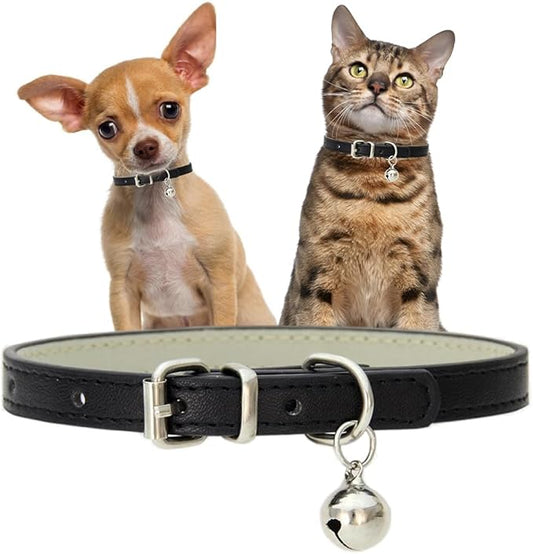 Black Dog Collar with Bell, Faux Leather Dog Collar with Bells Pu Basic Boy Dog Collars for XXS XSmall Small Medium Pet Male Dogs Little Cats Tiny Animal, M