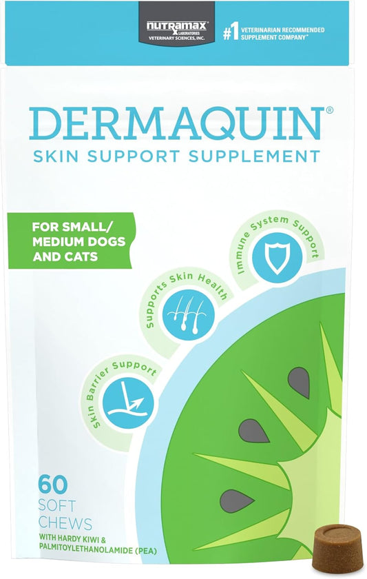 Nutramax Dermaquin Skin Support Supplement for Small to Medium Dogs and Cats, Supports Healthy Response to Allergens, with Hardy Kiwi, Omega-3s, and More, Tasty Soft Chews, 60 Count