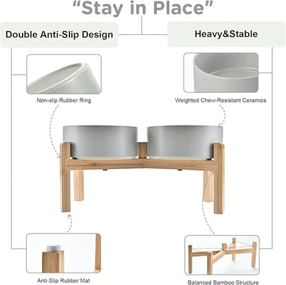 SPUNKYJUNKY Elevated Dog Bowls Ceramic, 7.3'' Dogs Food Water Bowls Raised with Non-Slip Bamboo Stand for Medium to Large Sized Breed Microwave Dishwasher Safe - 42 OZ,Grey