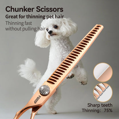 Left Handed Dog Grooming Scissors Set 4PCS Rose Gold Titanium Curved Thinning Straight Chunkers Shears Kit with White Artificial Diamonds Ergonomic Offset Handle Japan 440C