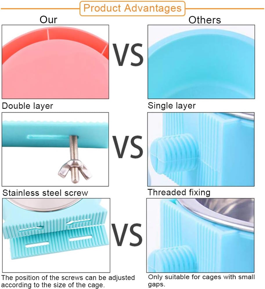 kathson Crate Dog Bowl, Removable Stainless Steel Hanging Pet Cage Bowl Food & Water Feeder Coop Cup for Cat, Puppy, Birds, Rats, Guinea Pigs (2pcs, Pink and Blue)