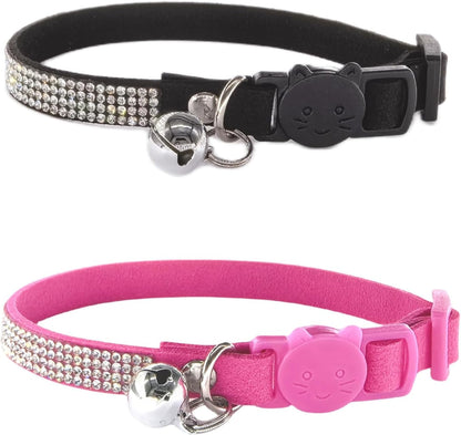 Pack of 2 Rhinestone Cat Collar Breakaway Safety Buckle with Bell, Adjustable Diamond Girl Boy Kitty Cute Comfy Collar for Kitten Small Pets Rabbits, 7.5"-11"