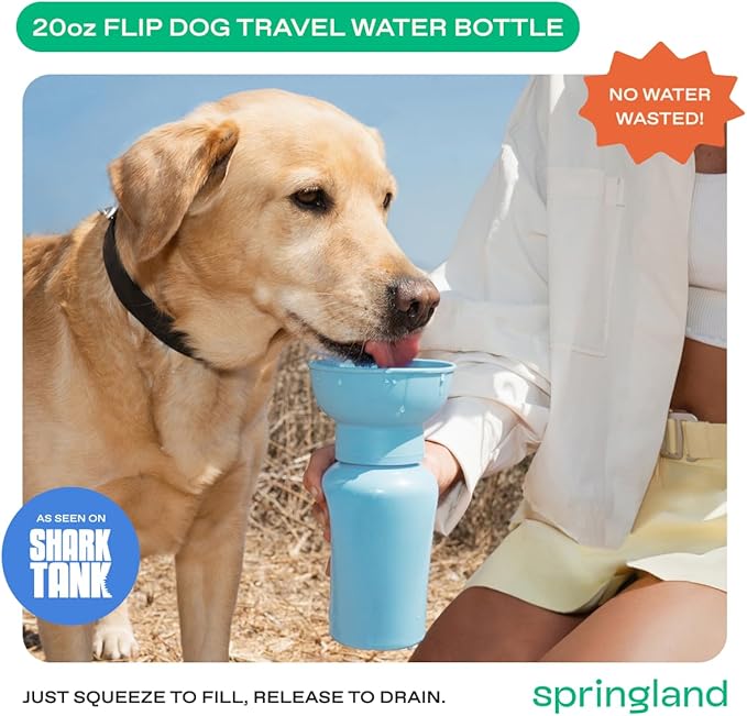 Springer Flip Portable Dog Water Bottle with Foldable Food Grade Silicone Bowl - 20 Ounce Travel Dog Water Bottle Ideal for Camping - Easy Squeeze Hydration & Release to Drain