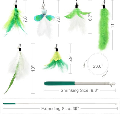 SONGWAY Cat Feather Wand - 7 Pcs Interactive Toys for Indoor Kitten, Retractable Wand With 6 Teaser Refills and Bell, Fishing Pole Toy, Green