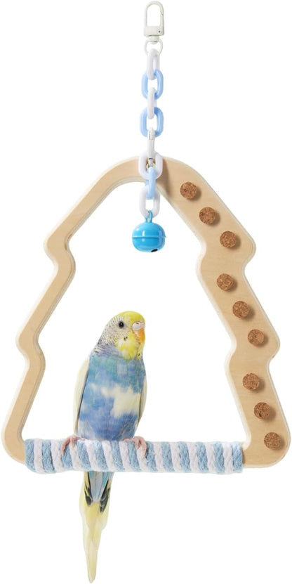 Natural Bird Swing - Tree-Shaped Parrot Perch with Bell and Cork Toys, Spinning Wooden Stand for Parakeets, Budgies, Lovebirds and Small/Medium Birds (White + Blue)