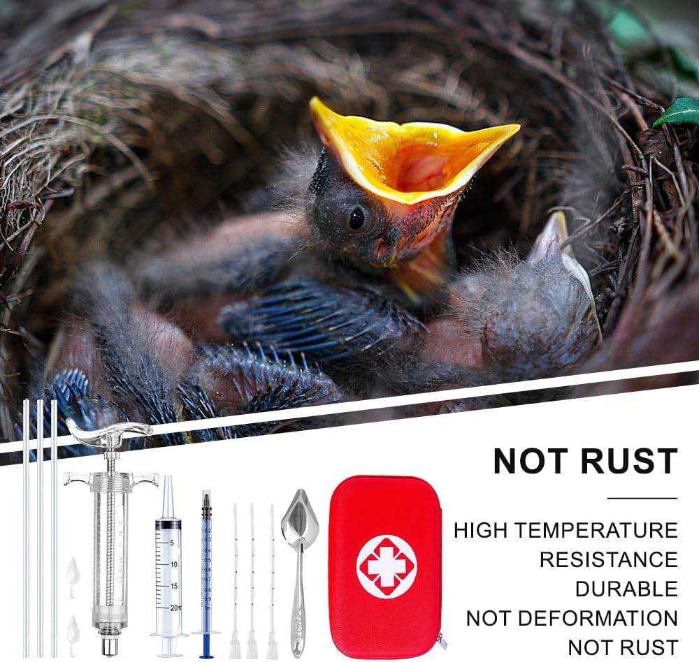 Bird Feeding Syringe Feeding Tubes for Baby Birds Parrot Hand Feeding Syringe with Curved Gavage Tubes and Stainless Steel Metal Feeding Spoon (9Pcs)