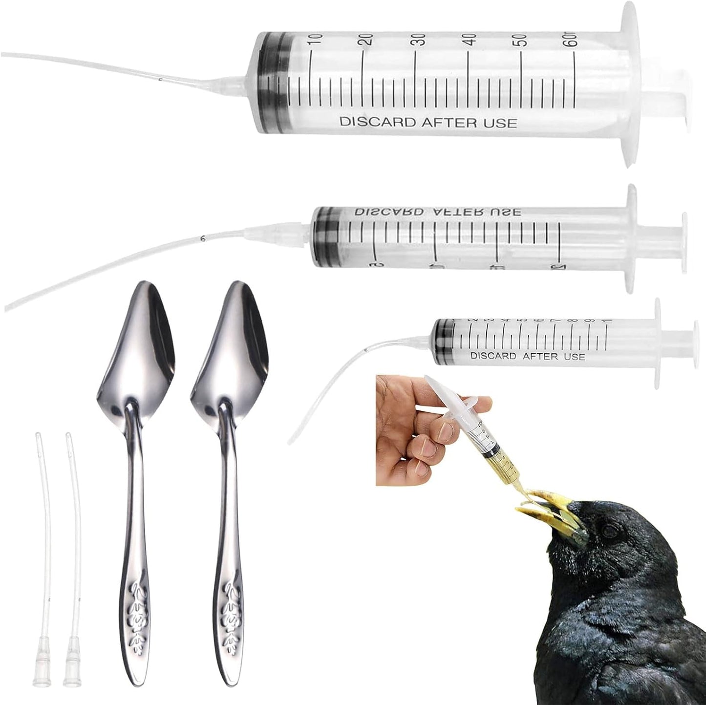 Baby Bird Feeding Syringe Set, Pet Parrot Milk Feeding Syringe with Tubes, Parrot Feeding Tubes Measuring Tools for Feeding Pets Scientific Industrial Labs… (10ml+20ml+60ml +2 spoons)