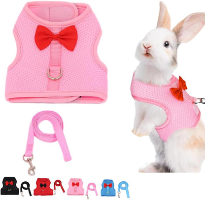 Rabbit Leash and Harness Set for Walking Escape Proof,Mesh Breathable Adjustable Bunny Leash Camping Hiking Training for Bunny Ferret Kitten Puppy Pink S Young Rabbit 1-3 Months