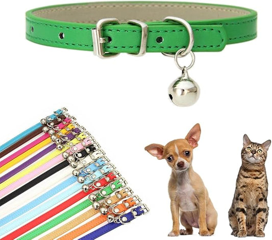Green XS Dog Collar with Bell, Faux Leather Cat Collar with Bells Pu Basic Boy Dog Collars for XXS XSmall Small Medium Pet Male Dogs Little Kitten Tiny Animal, X-Small
