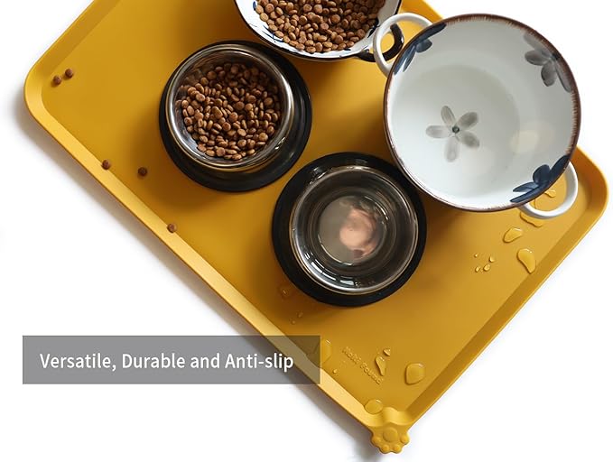 Hoki Found Large Silicone Pet Food Mats Tray - Non Slip Pet Dog Cat Bowl Mats Placemat - Dog Pet Cat Feeding Mat - Waterproof Dog Cat Food Mats -Pet Water Mats for Carpet - Honey