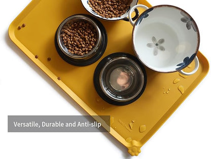 Hoki Found Large Silicone Pet Food Mats Tray - Non Slip Pet Dog Cat Bowl Mats Placemat - Dog Pet Cat Feeding Mat - Waterproof Dog Cat Food Mats -Pet Water Mats for Carpet - Honey
