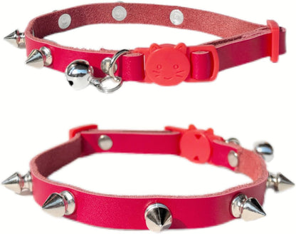 Spiked Cat Collar with Bells, Breakaway Genuine Leather Protective Collar for Kitty, Studs Spikes Punk Style Adjustable for Girl Boy Kittens Small Bunny Rabbit, 10"-12" Red