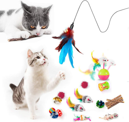 MIBOTE 28Pcs Cat Toys Kitten Toys Assorted, Cat Tunnel Catnip Fish Feather Teaser Wand Fish Fluffy Mouse Mice Balls and Bells Toys for Indoor Cat Puppy Kitty Interactive Cat Toy Set