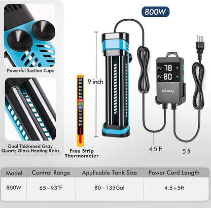 Orlushy 800W Submersible Aquarium Heater, Adjustable Fish Tank Heater with Digital Display External Controller, Overheat Protection and Free Thermometer for 80-175 Gallon Freshwater and Saltwater Tank