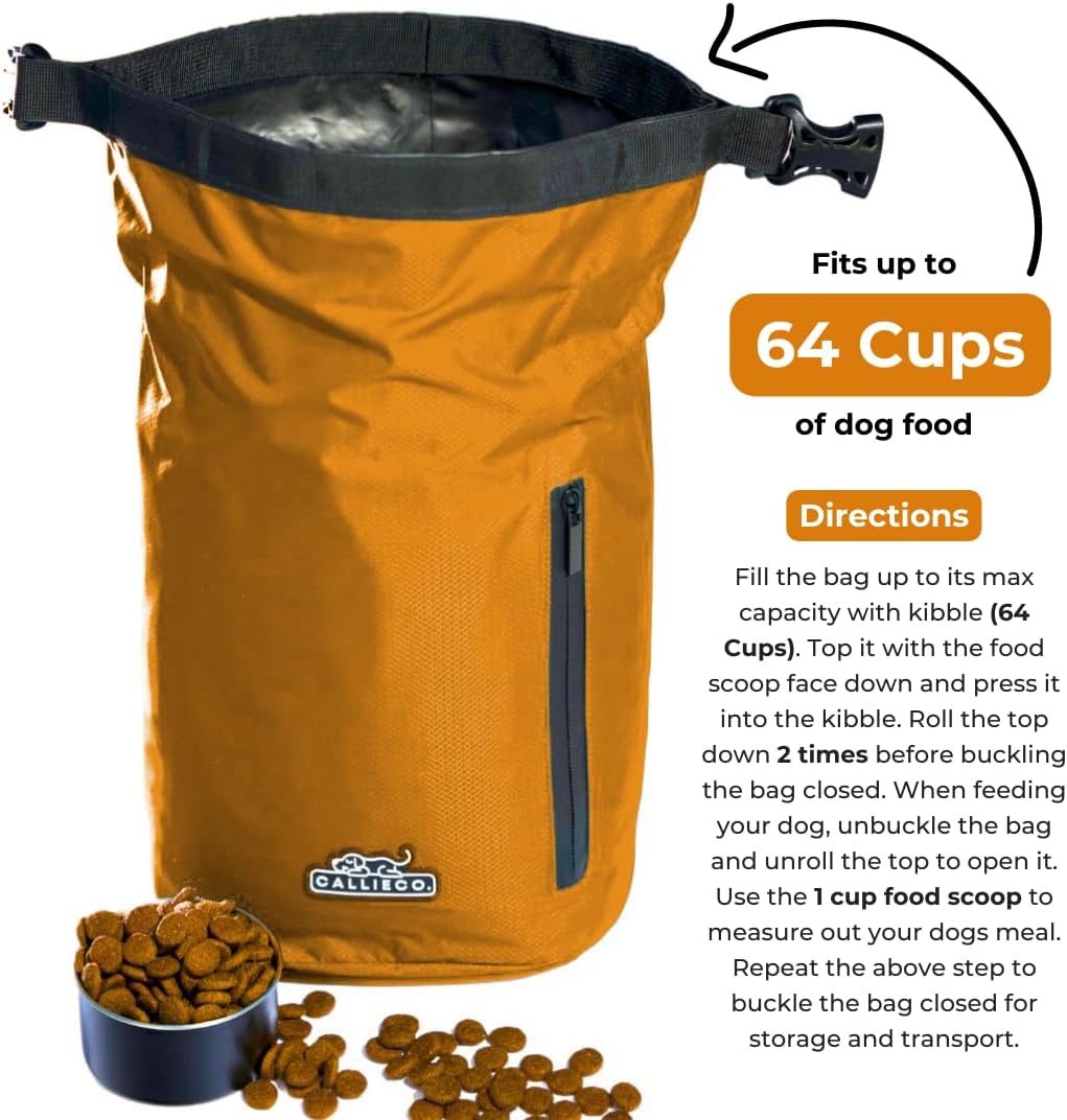 Callieco Dog Food Travel Bag w/ 1 Cup Scoop and Zipper Side Pocket | Waterproof Kibble Storage Container for Home, Road Trips, Camping, Boarding and More (Orange, 64 Cups)