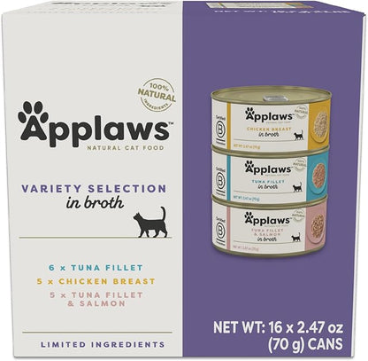 Applaws Natural Wet Canned Cat Food, Limited and Natural Ingredients, High Protein with No Artificial Additives, Variety Pack in Broth (16 x 2.47oz Cans)