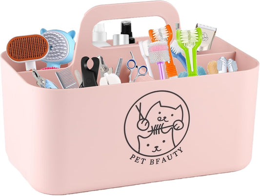 5-Compartment Pink Dog Stuff Storage Caddy for Grooming Supplies, Portable Organizer with Handle