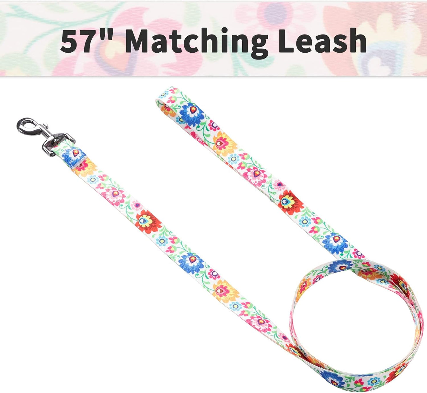 Ihoming Dog Collar and Leash Set for Daily Outdoor Walking Running Training, White Colorful Flowers Design for Large Boys Girls Dogs Cats Pets, L-Up to 80LBS