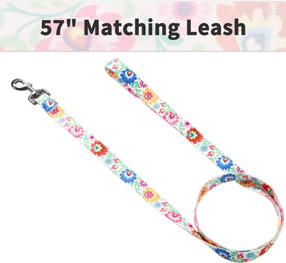 Ihoming Dog Collar and Leash Set for Daily Outdoor Walking Running Training, White Colorful Flowers Design for Large Boys Girls Dogs Cats Pets, L-Up to 80LBS