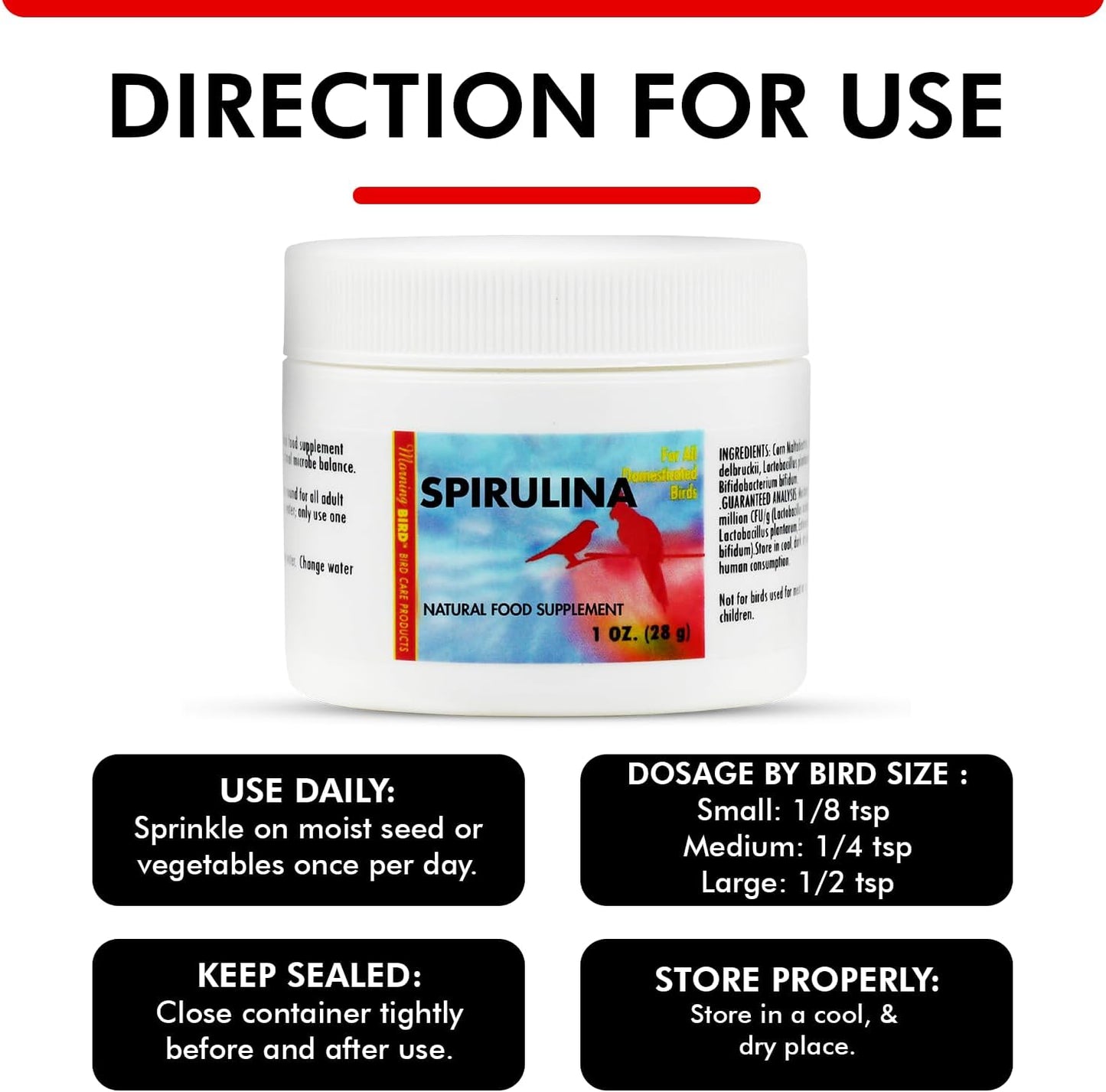 Morning Bird Spirulina 1 Oz Supplement for Caged Birds, Organic Bird Food Supplement with Vitamins, Proteins, and Amino Acids for Parakeets, Cockatiels, Budgies, Finches, Canaries, and Parrots
