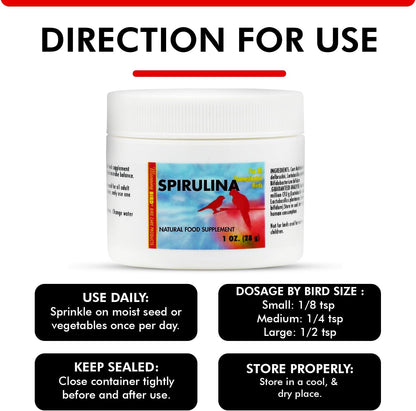 Morning Bird Spirulina 1 Oz Supplement for Caged Birds, Organic Bird Food Supplement with Vitamins, Proteins, and Amino Acids for Parakeets, Cockatiels, Budgies, Finches, Canaries, and Parrots