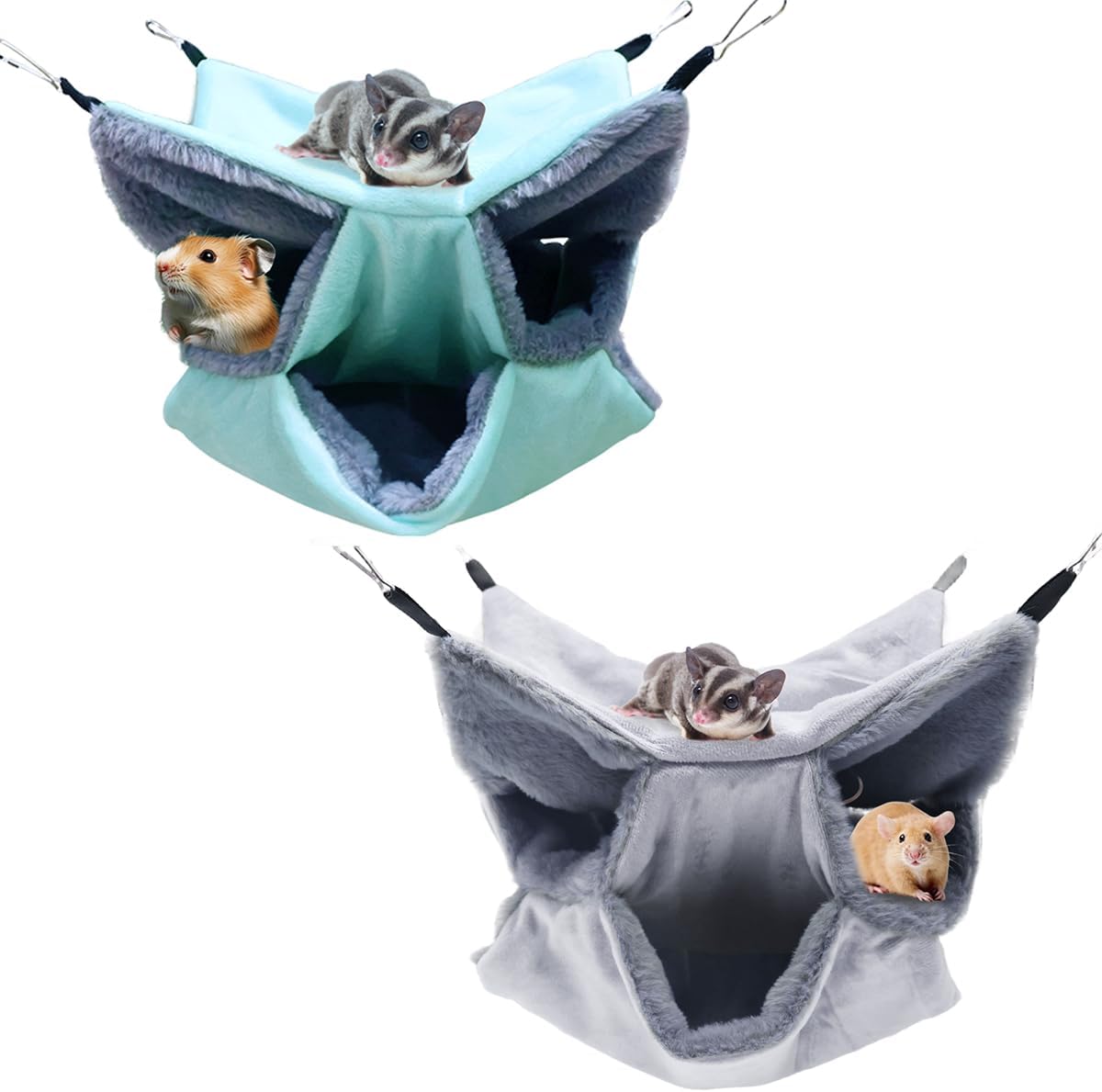 LYART Sugar Glider Pouch Hammock Bed Bedding, Sugar Glider Cage Accessories Toys for Rat, 3-Layer Hammock Make Pet Cages More Three-Dimensional (3.Grey+Mint)