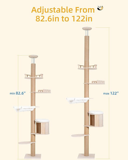 Tall Floor to Ceiling Cat Tree for Large Cats, Cat Tower with Scratching Post, Adjustable Height(82-122 in), Large Condo Cave Bed and Hammock for Indoor Cats, Cat Climbing Pole, Wood