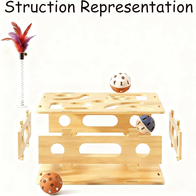 Cat Scratch Puzzle Enrichment Box Nail File - Natural Solid Oak Wood Cat Toy with 6 Bell Balls & Feather Wand, Furniture Protector & Stress-Free Nail Care for Indoor Cats, Best Gift for cat