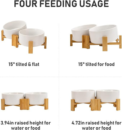 SPUNKYJUNKY 15° Slanted Ceramic Dog and Cat Bowl with Wooden Stand, Tilted Bulldog Food and Water Bowl No Slip Non-Spill for Cats Medium Dogs Big Face Pets 28.7 OZ (3.6 Cups, White × 2)
