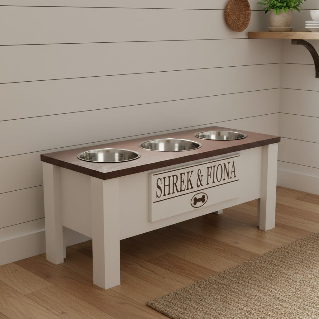 GrooveThis Woodshop - Personalized Elevated Triple Dog Bowl Stand for Large, Medium, Small, X-Small Dogs - 3 Stainless Steel Food and Water Bowls - Raised Dog Dish with Internal Storage (Large, Brown)
