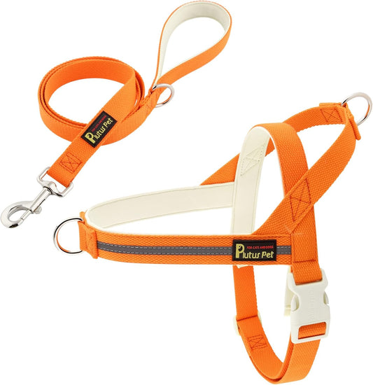 Plutus Pet Cotton Dog Harness and Leash Set, Reflective and Soft Padded, Quick Fit Vest Harness, for Small, Medium and Large Dogs, Orange, S