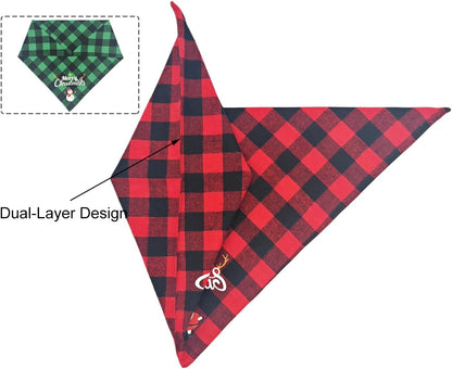 Christmas Dog Bandanas 2PCS-XLarge,Classic Plaid Triangle Holiday Scarf with Santa and Snowman Prints,Winter Pet Outfit for Boy and Girl Dogs,Red Green Plaid Dog Costume for Extra Large Dogs