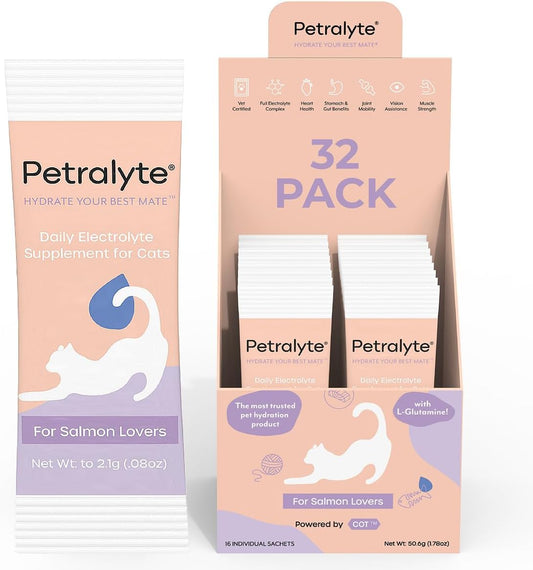 Petralyte Cat Hydration Electrolyte and Cat Joint Supplement | Hydration Support for Cats w/Glucosamine, Chondroitin, L-Glutamine, Taurine, Lysine & Prebiotics | for Salmon Lovers | 32 Packets