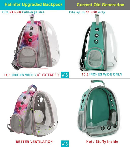 Front Expandable Cat Backpack Carrier, Fit up to 20 lbs, Space Capsule Astronaut Bubble Window Backpack for Large Fat Cat and Small Puppy, Galaxy Pink Print
